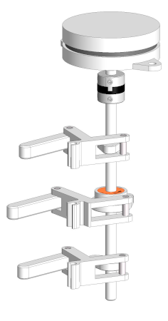 バルブを制御するカムシャフトの設計例。ワンウェイクラッチを取り付けたシャフトを組み合わせ、反対方向に回転する複数のカムを1つのモータで動かすことができるようにした