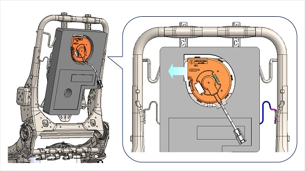 従来型側面吹き出しブロワの搭載・排気イメージ図。シート内に向かって排気するため、周囲の構造物に風が直接当たってしまう。