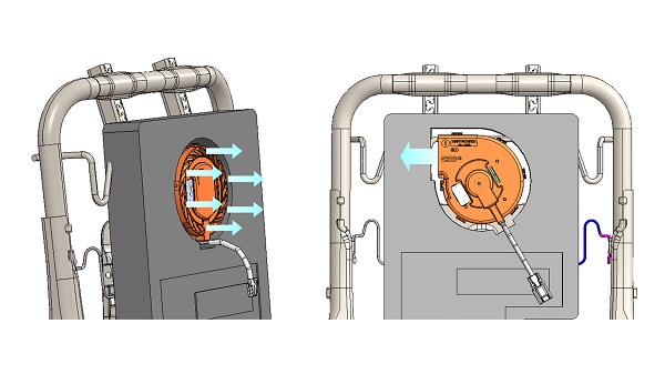 DRF-29A306 EV-T XL (左)とDRF-29A306 XL(右)ブロワの排気の流れ方を表したイメージ図